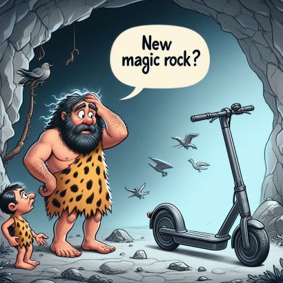 Caveman staring at an electric scooter for the first time
