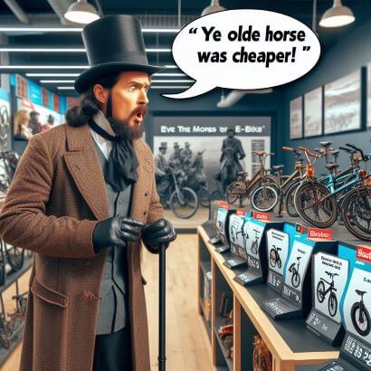 Victorian guy seeing the prices of an electric bike