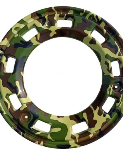 Camouflage patterned wheel hubcap in shades of green, brown, and black, designed for a rugged and outdoorsy look