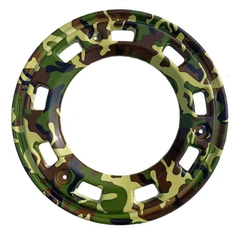 Camouflage patterned wheel hubcap in shades of green, brown, and black, designed for a rugged and outdoorsy look