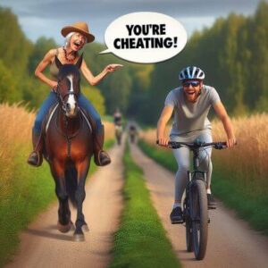 Horse rider shouting your cheating at a cyclist