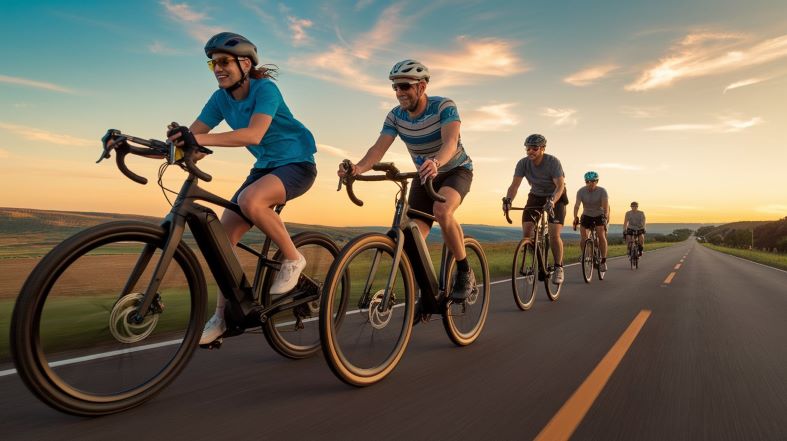 People on electric bikes, cycling together on a long road