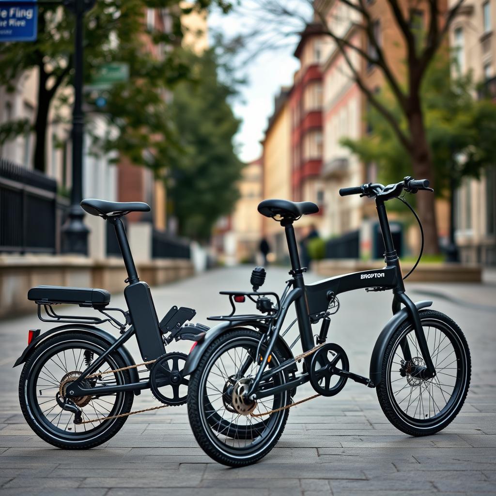 Brompton electric folding bike in urban setting Brompton electric folding bike in urban setting