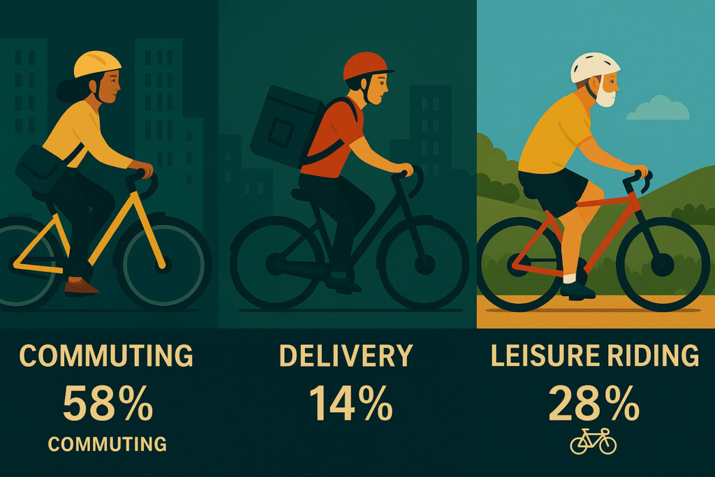 Electric bike usage scenarios in 2025 showing commuting, delivery and leisure applications Electric bike usage scenarios in 2025 showing commuting, delivery and leisure applications