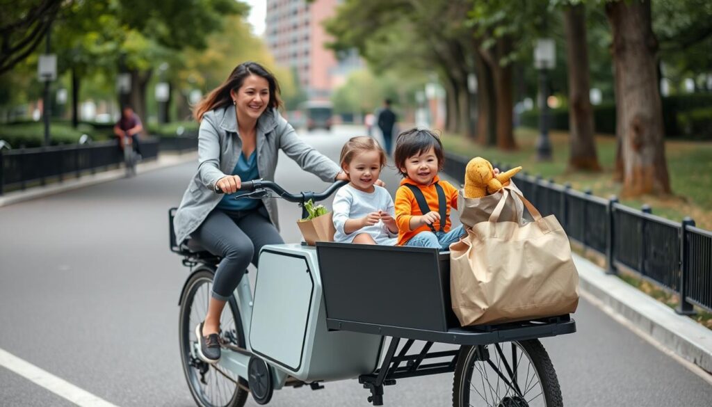 Family using a cargo electric bike to transport children and groceries Family using a cargo electric bike to transport children and groceries