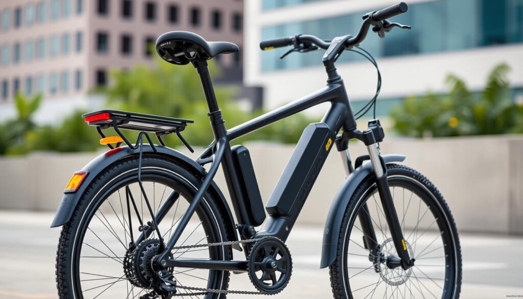 Modern commuter electric bike with integrated lights and fenders Modern commuter electric bike with integrated lights and fenders