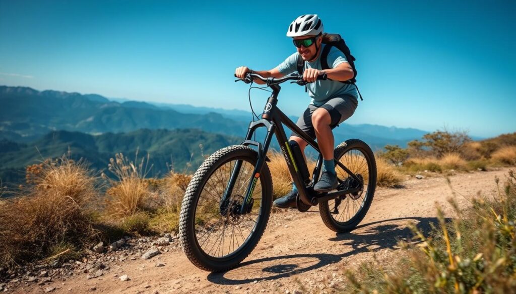 Mountain biker riding an electric mountain bike on a trail Mountain biker riding an electric mountain bike on a trail