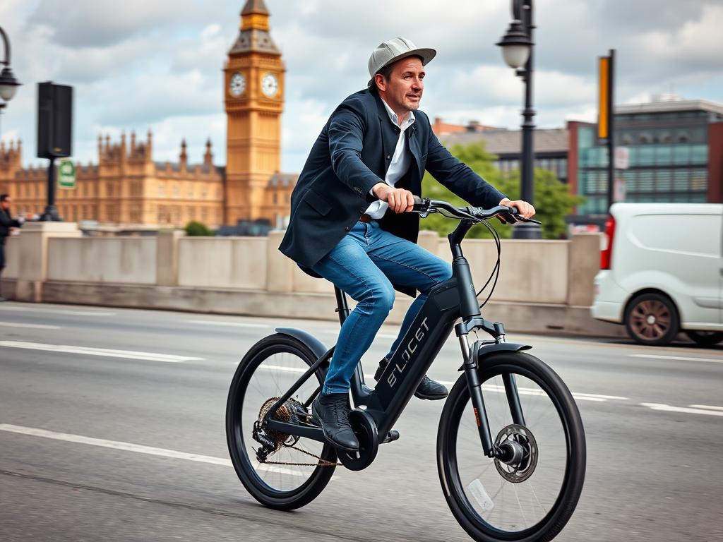 Person riding an electric bike through London with iconic landmarks in background Person riding an electric bike through London with iconic landmarks in background