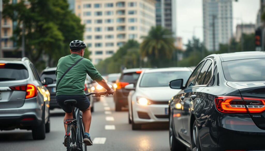 Urban cyclist passing congested traffic on an electric bike Urban cyclist passing congested traffic on an electric bike