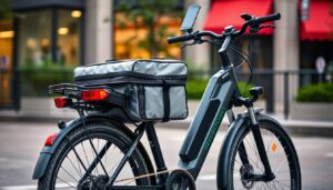 Electric bike equipped with delivery gear including insulated bag, locks, and lights