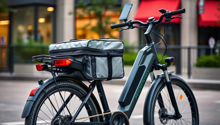 Electric bike equipped with delivery gear including insulated bag, locks, and lights