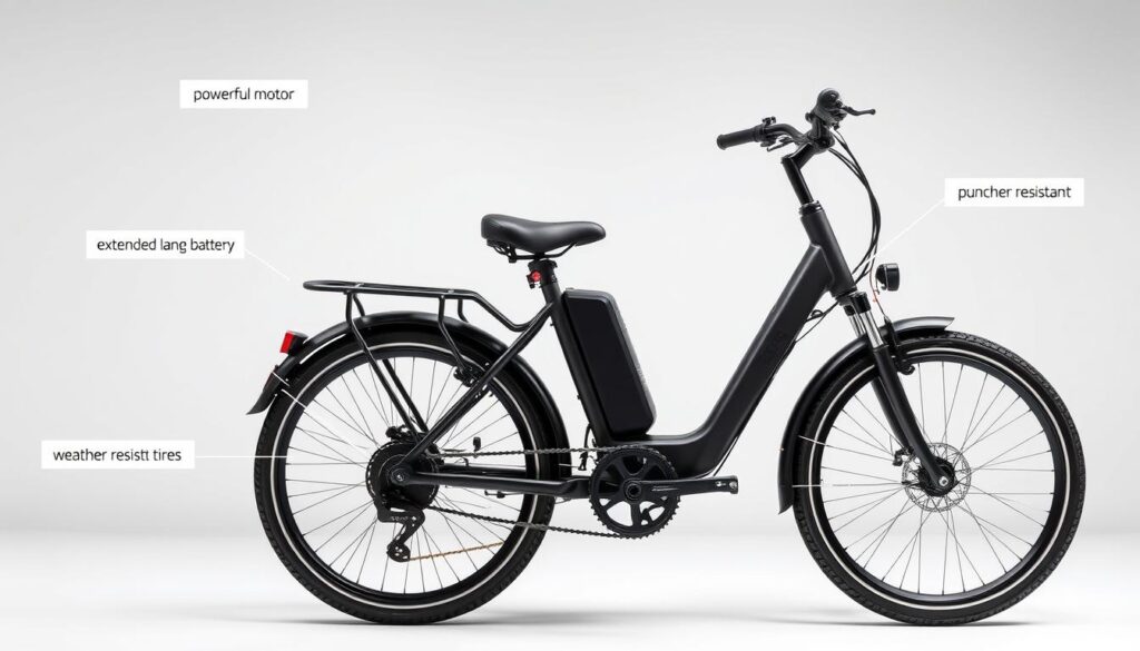 Electric bike with delivery-specific features highlighted Electric bike with delivery-specific features highlighted