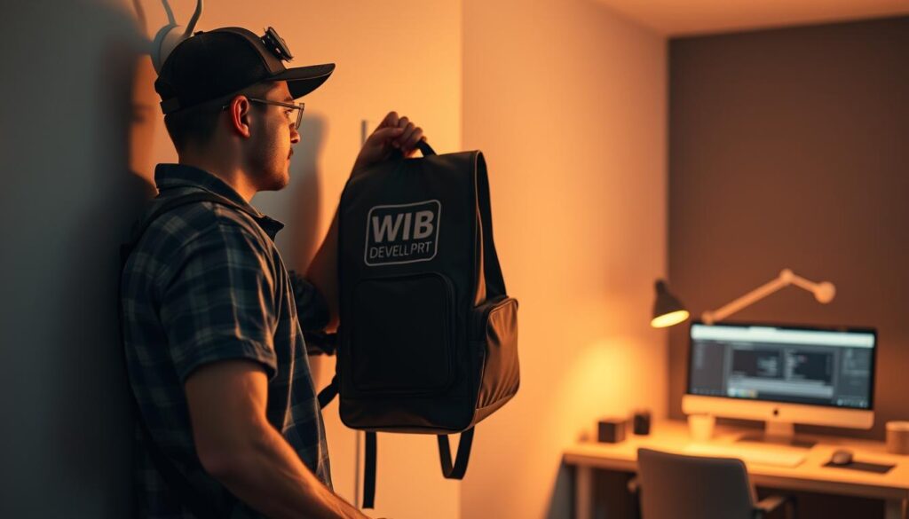 Rider hanging up delivery bag, symbolizing transition to new career Rider hanging up delivery bag, symbolizing transition to new career