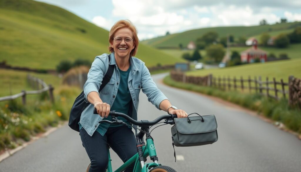 A happy e-bike owner riding through a scenic British landscape, demonstrating electric bikes worth the investment