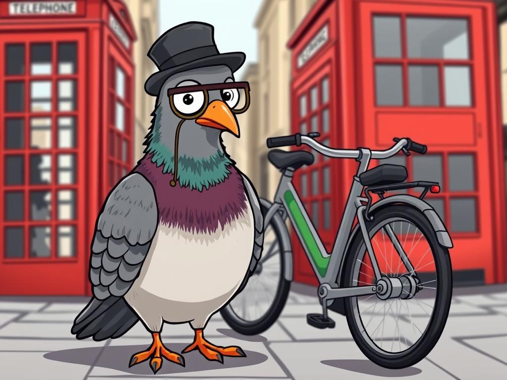 A humorous illustration of a skeptical pigeon judging an electric bike, related to electric bikes worth the investment