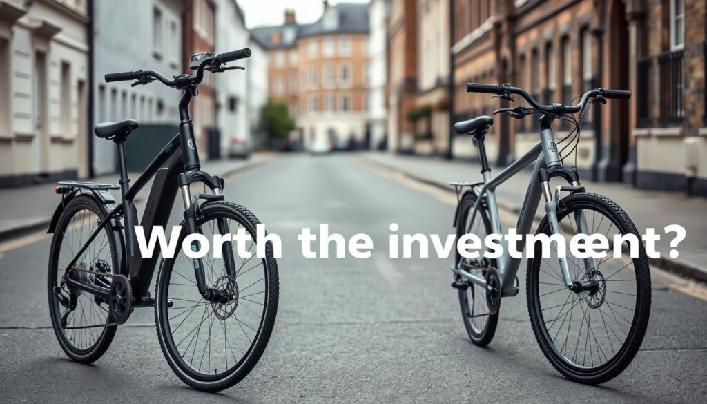 A sleek electric bike parked beside a traditional bicycle on a typical British street with electric bikes worth the investment text overlay