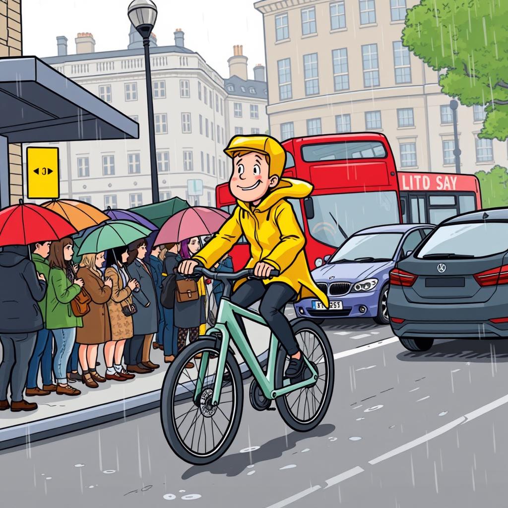 A smug e-bike rider passing a queue of cars and a bus stop in London rain, demonstrating electric bikes worth the investment