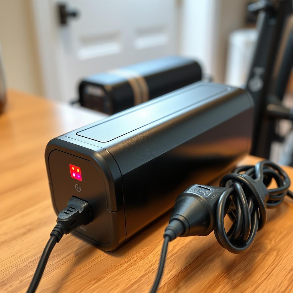 An e-bike battery being charged at home with a UK plug, highlighting practicality of electric bikes worth the investment