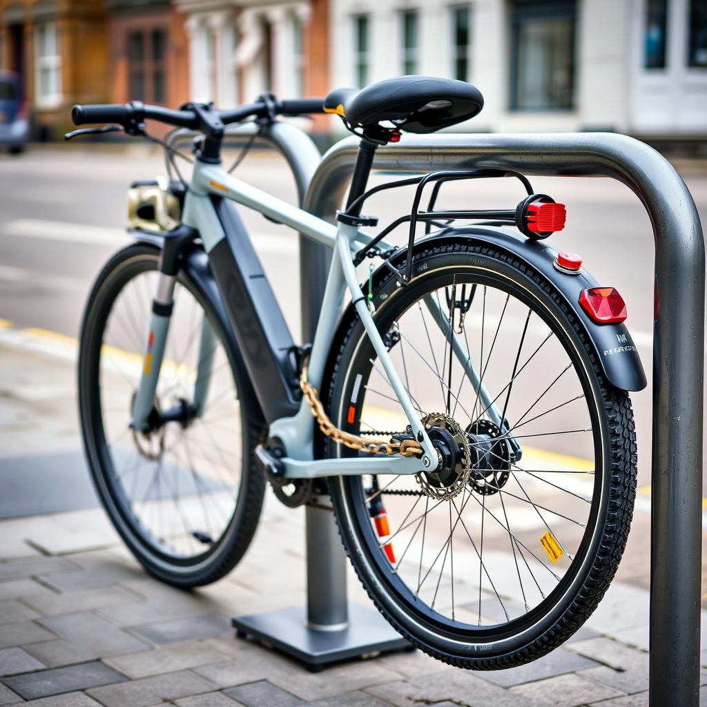 An e-bike secured with multiple locks to a bike stand, demonstrating security measures for electric bikes worth the investment