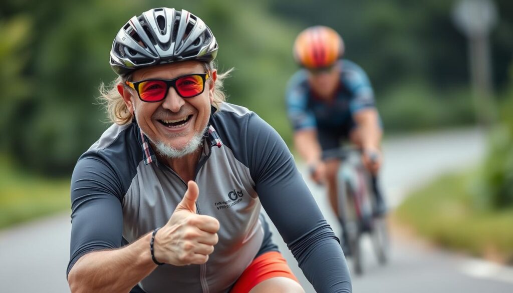 Confident returning cyclist enjoying the ride despite looking silly Confident returning cyclist enjoying the ride despite looking silly