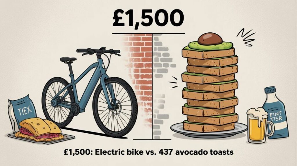 Humorous comparison chart showing what £1,500 buys: an electric bike versus 437 avocado toasts and other British essentials