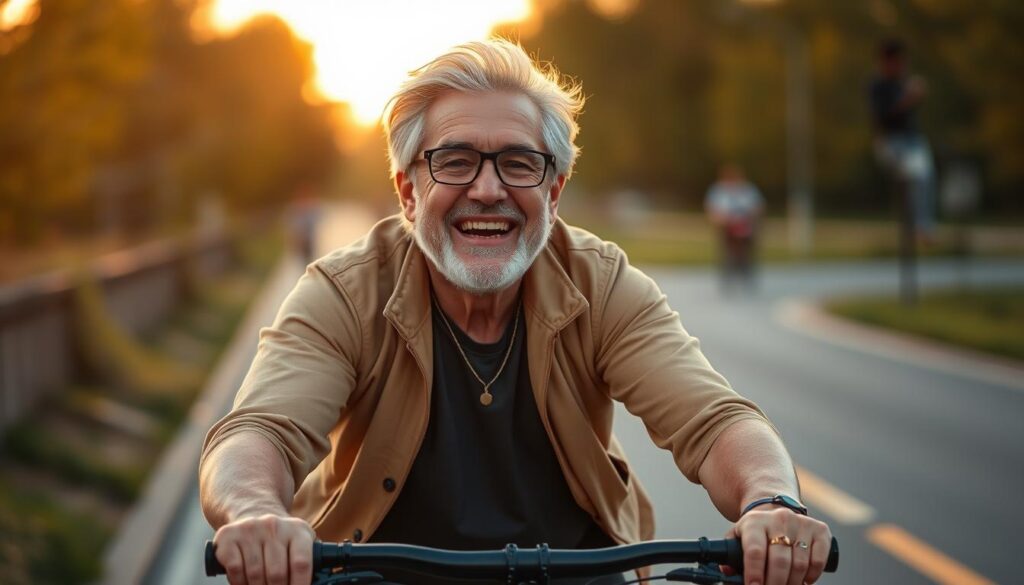 Person cycling with joyful expression showing mental health benefits Person cycling with joyful expression showing mental health benefits
