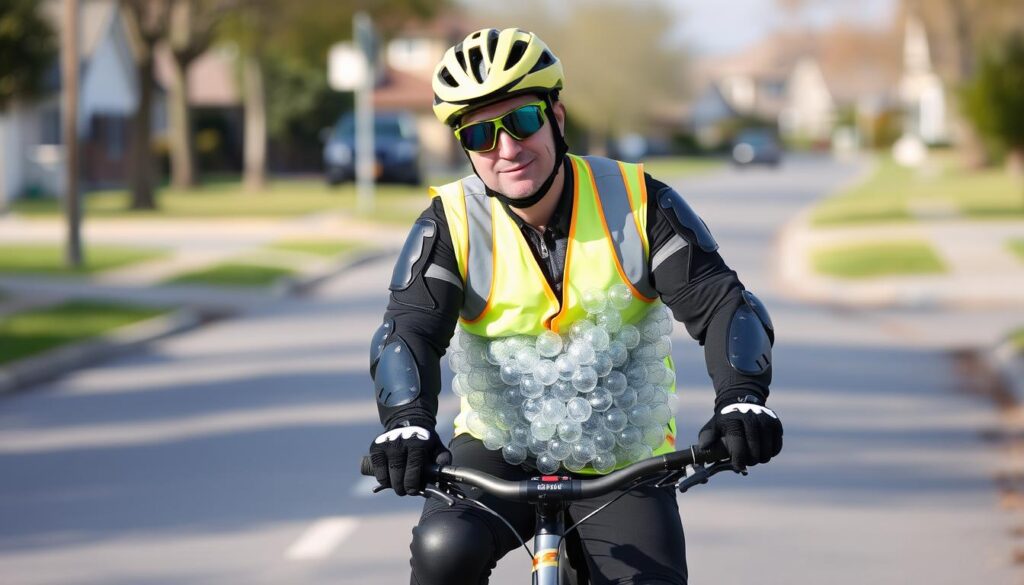 Person wearing excessive safety gear on a bicycle looking ridiculous but safe Person wearing excessive safety gear on a bicycle looking ridiculous but safe