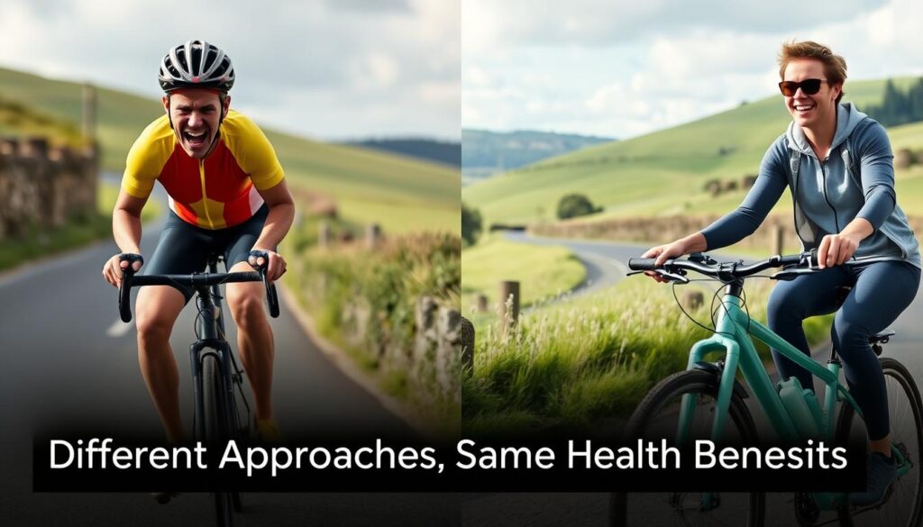 Split image showing a traditional cyclist struggling uphill versus an e-bike rider enjoying the same hill, illustrating electric bikes worth the investment for health