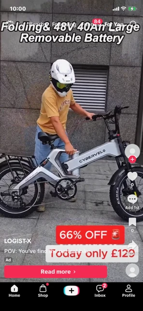 TikTok video ad by LOGIST-X promoting a folding e-bike with a claimed 48V 40Ah battery for today only £129