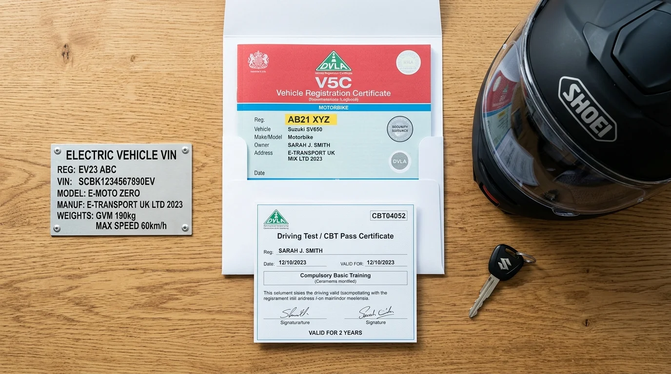 Top-down desk arrangement of UK DVLA V5C registration certificate, motorcycle CBT pass certificate, motorcycle helmet, and stamped metal EV chassis VIN plate