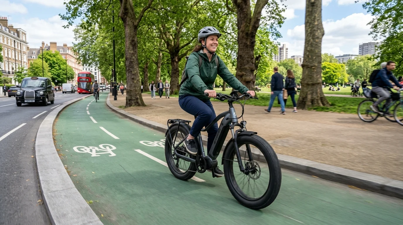 Cyclist riding a black fat tyre pedal-assist electric bicycle smoothly along a segregated green cycle lane in a UK park