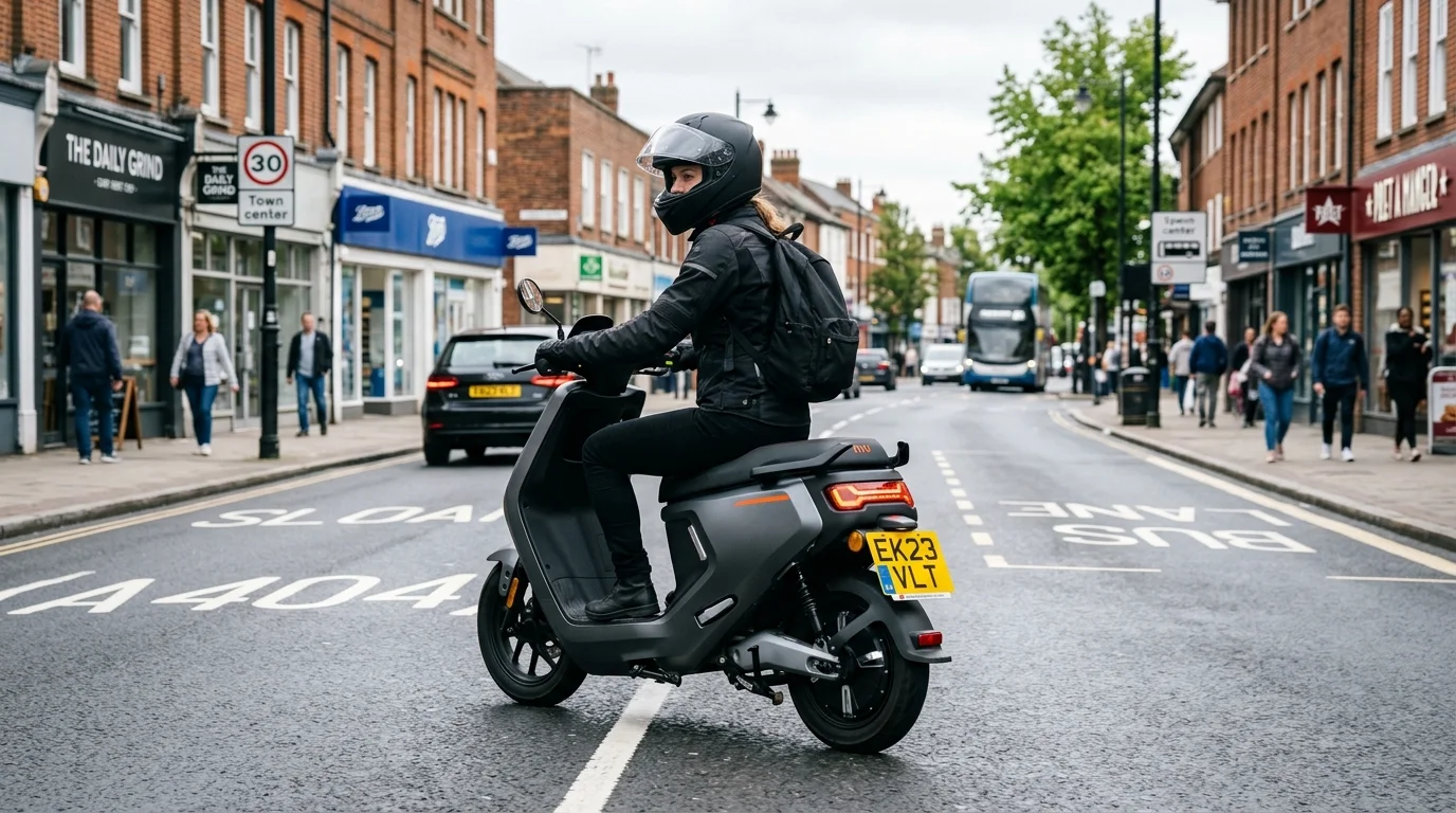 Rider wearing a full motorcycle helmet and visor travelling on a grey electric moped with yellow UK number plate on a public urban road