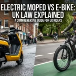 Side-by-side comparison of a yellow road-legal electric moped with an L-plate and a cyclist riding a fat tyre electric bicycle in a green segregated cycle lane