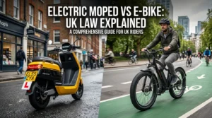Side-by-side comparison of a yellow road-legal electric moped with an L-plate and a cyclist riding a fat tyre electric bicycle in a green segregated cycle lane