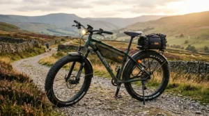 Rugged fat tyre electric bike on scenic UK trail with frame bag, pannier rack, and front light