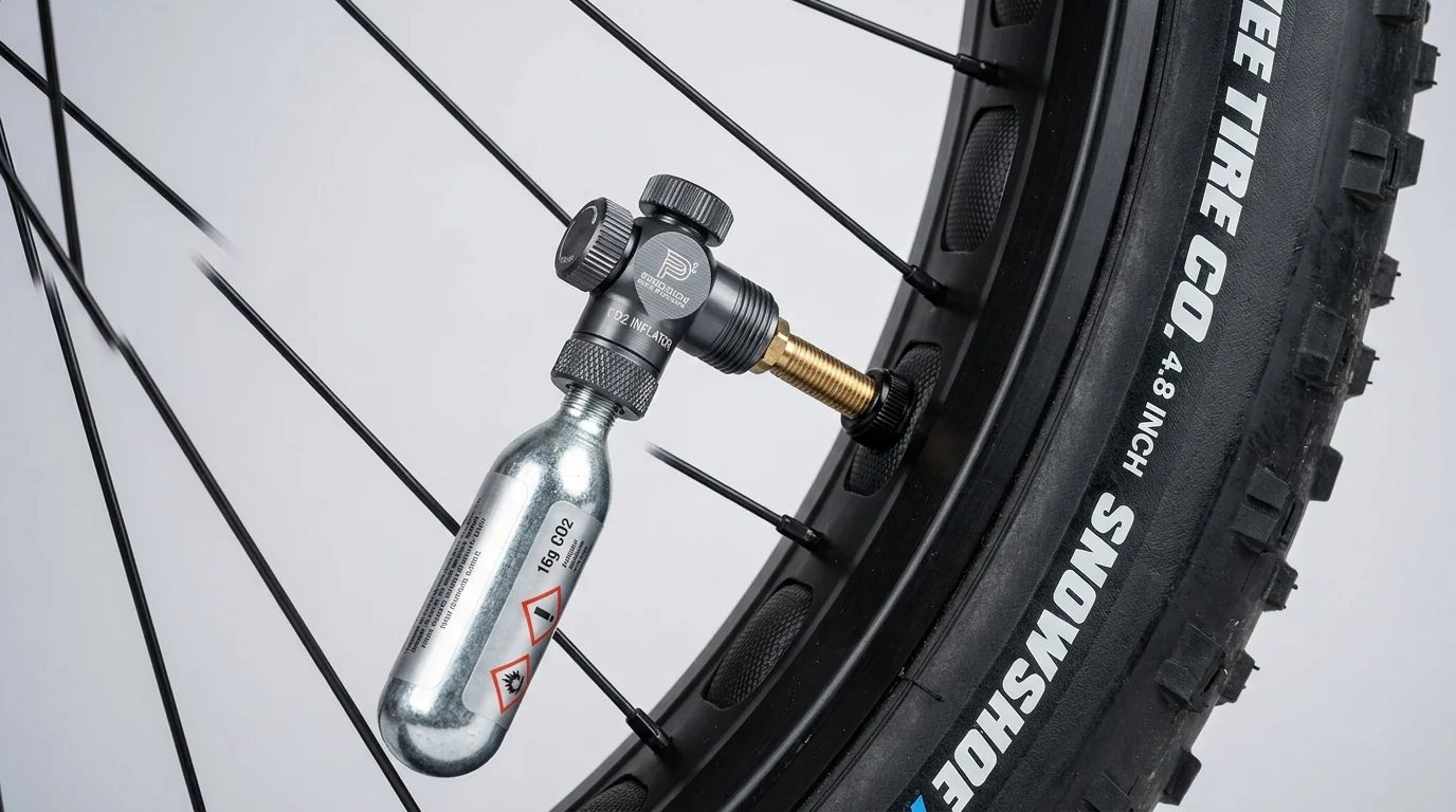 CNC alloy CO2 rapid inflator attached to fat tyre valve