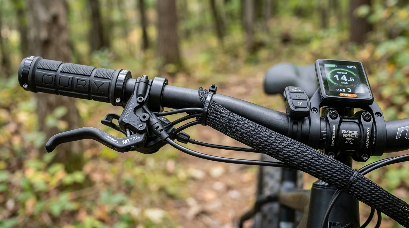 Clean e-bike handlebar cockpit with braided cable sleeving wrap