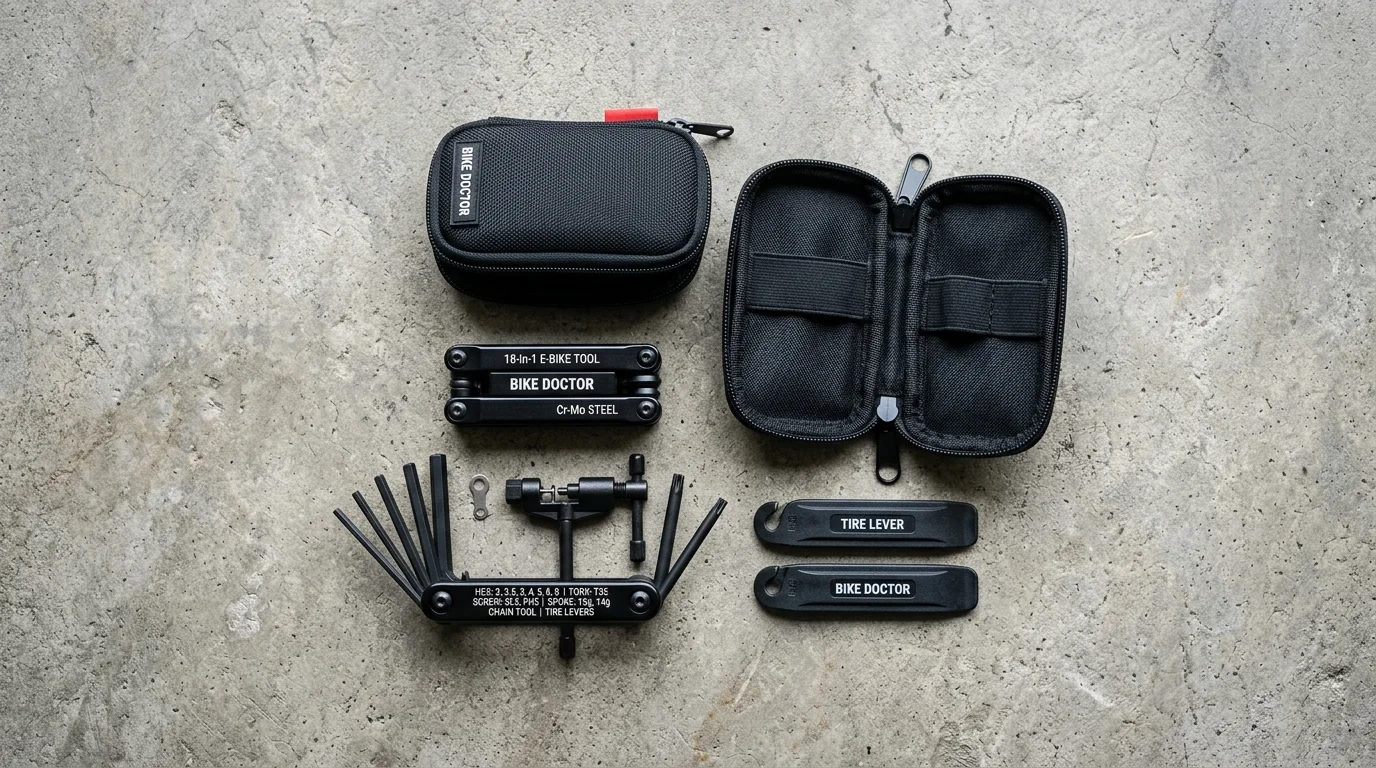 Compact e-bike repair tool kit with hex keys, chain breaker, and tyre levers