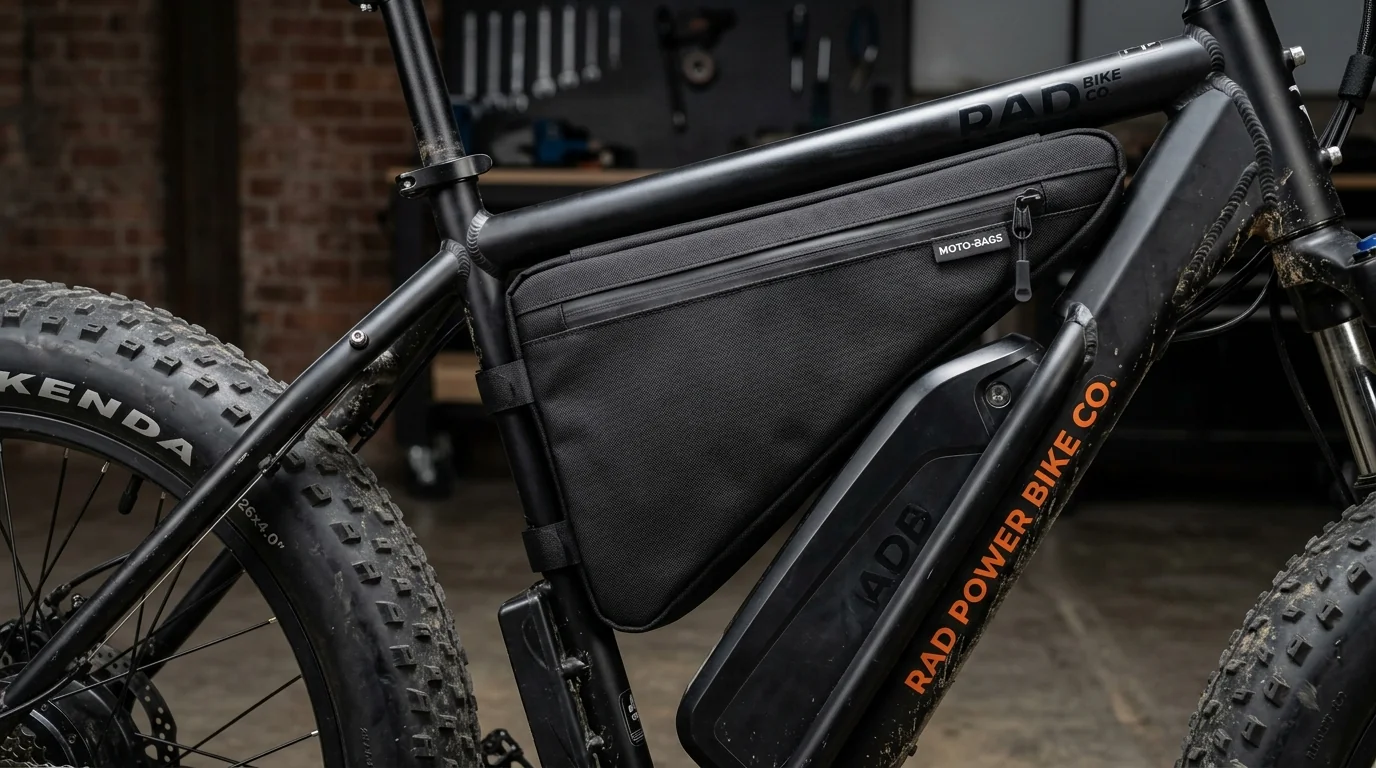 Matte black triangle frame bag fitted cleanly into fat bike frame