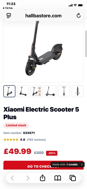Screenshot of fake web shop hallbastore.com advertising a Xiaomi Electric Scooter 5 Plus for £49.99 with Made with Lovable AI builder badge