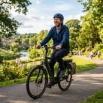 Smiling British adult happily riding an electric hybrid bike through a sunny UK park