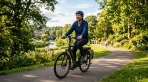 Smiling British adult happily riding an electric hybrid bike through a sunny UK park