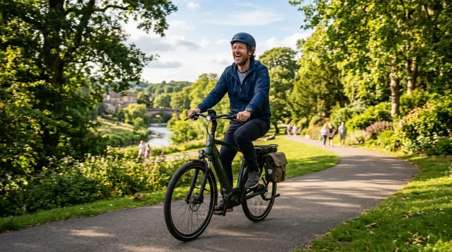 Smiling British adult happily riding an electric hybrid bike through a sunny UK park