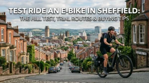 Cyclist riding an electric bike smoothly up a steep cobbled Sheffield hill street with city skyline view
