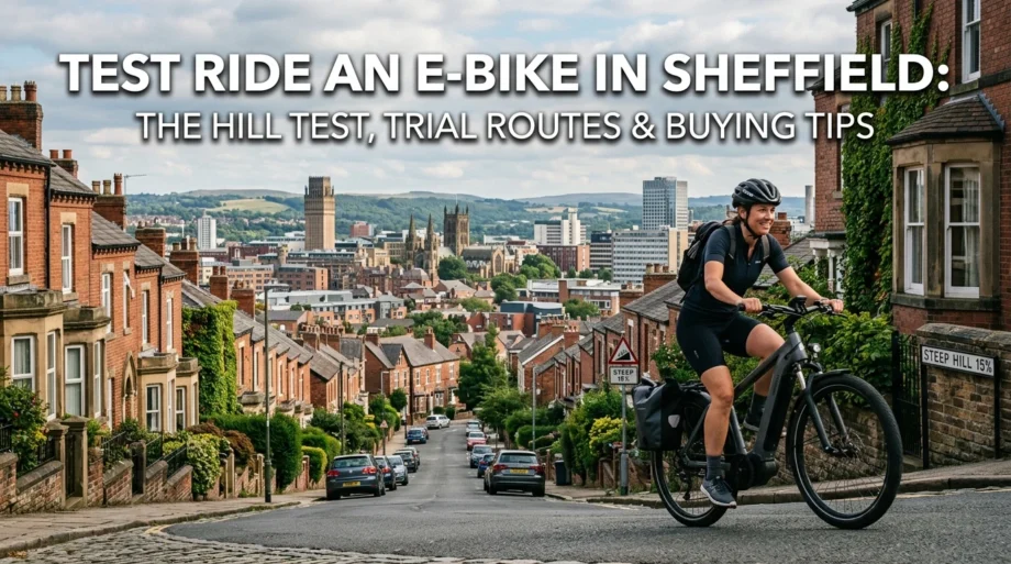Cyclist riding an electric bike smoothly up a steep cobbled Sheffield hill street with city skyline view