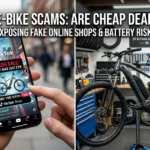 TikTok e-bike scams investigation header showing cheap 79 pound phone ad next to workshop battery diagnostic test