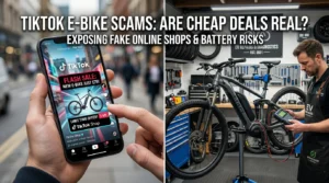 TikTok e-bike scams investigation header showing cheap 79 pound phone ad next to workshop battery diagnostic test