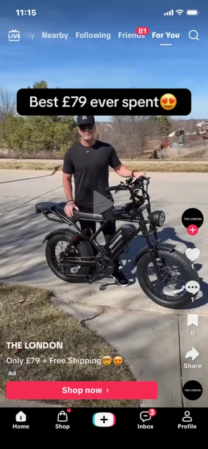 TikTok advert by THE LONDON showing a scrambler fat tyre electric bike with headline Best £79 ever spent and Shop now button