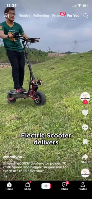 TikTok advert by venadivoa promoting a 6000W dual motor off-road electric scooter capable of 70 km/h on grass