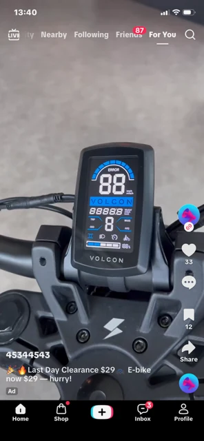 TikTok sponsored advert showing a Volcon electric motorbike digital cockpit claiming Last Day Clearance price of $29 (£23)